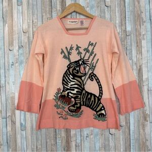 Vintage M L Pink 70s Tiger 3D Tapestry Graphic Knit Pullover Sweater Top Vtg Mod